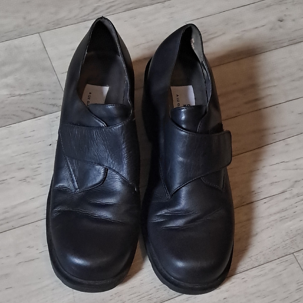 Liz Claiborne Black Leather Heeled Oxford Shoes Size 8 Platform Chunky